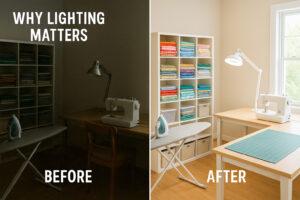 good vs poorly lit quilting studio