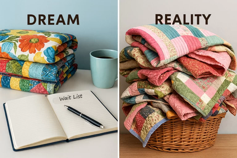 pile of organized an unorganized quilts