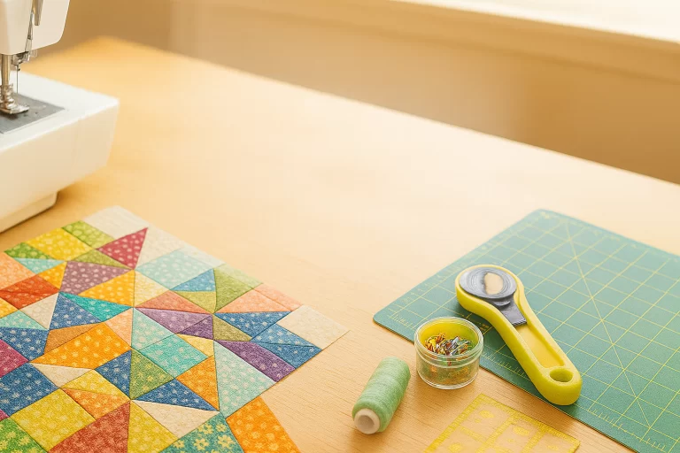 progress over perfection quilt and tools with rotary cutter