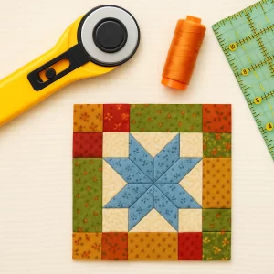 quilt block with ruler and rotary cutter