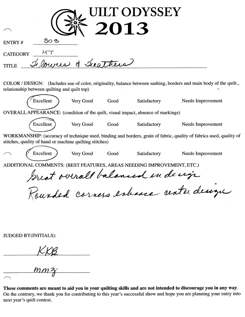 judging sheet for a quilt at quilt odyssey