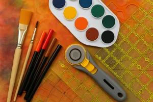 rotary cutter and rulers with art supplies