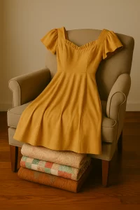 chair with quilts and pretty orange dress