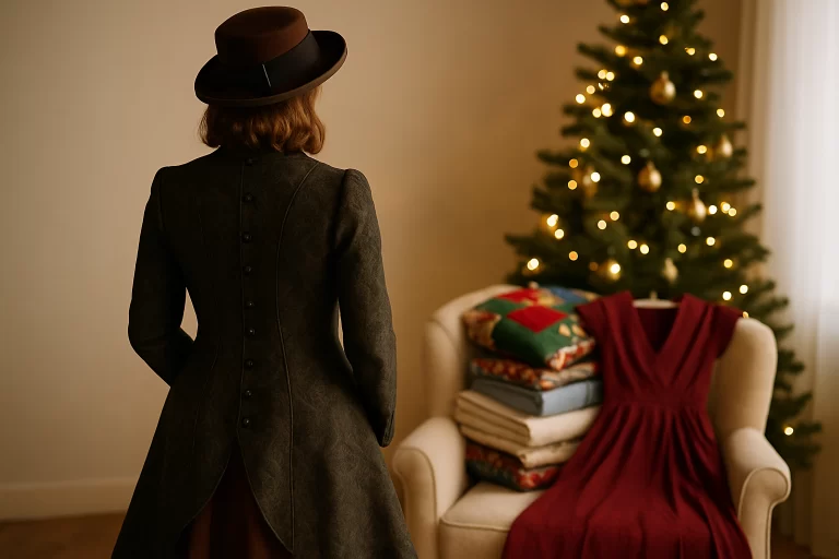lady in a cool coat next to a christmas tree and fabric