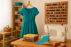 pretty dress with sewing machine and fabric