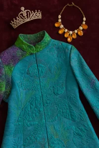 quilted jacket with necklace and tiara