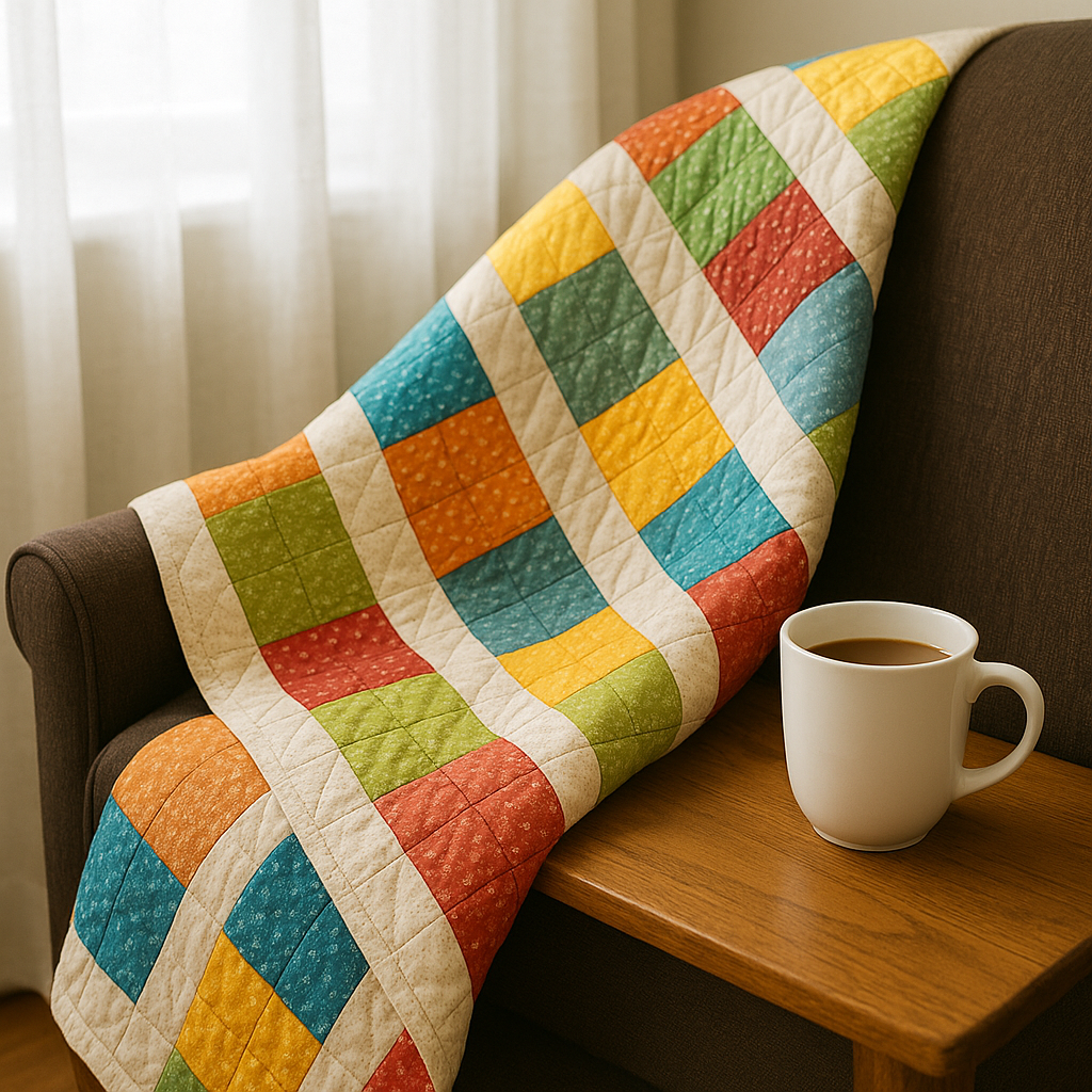 coffee cup and quilt on a chair