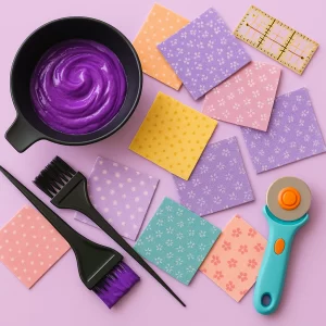 faric roatary cutter ruler and purple hair dye