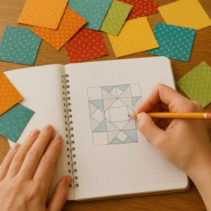 hands sketching a quilt block